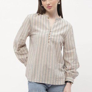 Madame Ruffle Mandarin Collar Navy Blue Striped Top L